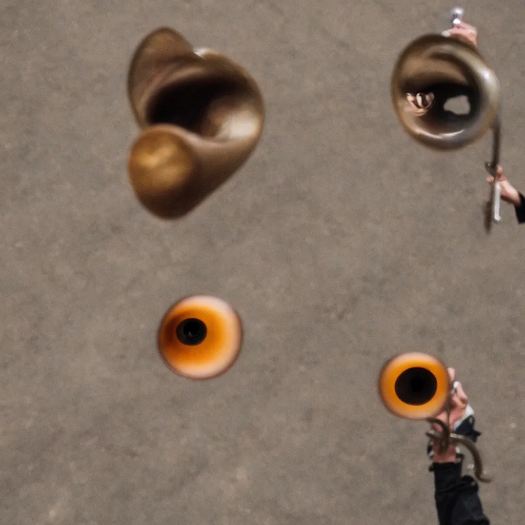 Prompt: Photograph of A large eyeball bouncing down the road playing a trumpet.