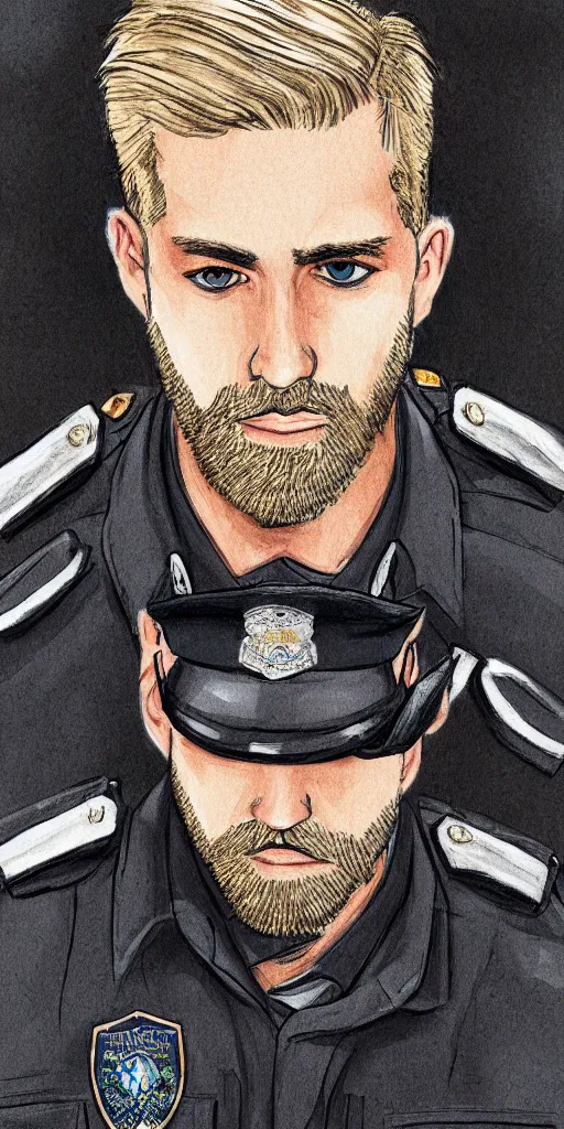 Image similar to portrait of a blonde police officer with short hair and a patchy beard, close up, grimy streets backgrop, detailed, art by loran desore