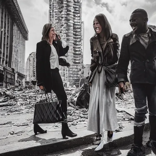 Prompt: ultra high detail modern city destroyed by war in ruins with luxury couple walking around with shopping bags laughing at homeless person, color photograph very high detail, ethereum bitcoin cryptocurrency