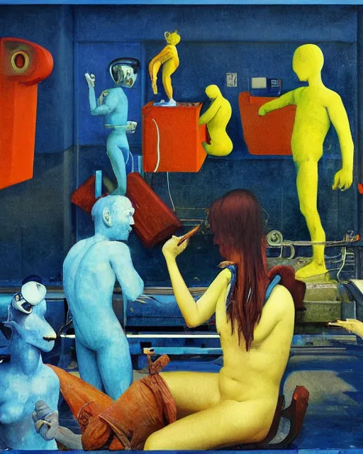 Image similar to square people conversing with blue dogs at a gas station with large oxygen tank in the style of Francis Bacon and Syd Mead and Norman Rockwell and Beksinski, open ceiling, highly detailed, painted by Francis Bacon and Edward Hopper, painted by James Gilleard, surrealism, airbrush, very coherent, triadic color scheme, art by Takato Yamamoto and James Jean