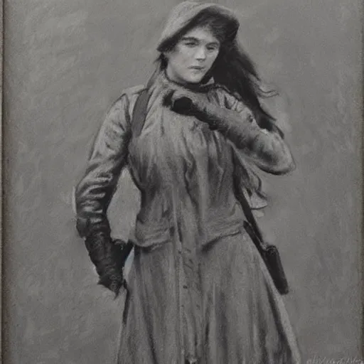 Image similar to ww 1 action heroine by alfred stevens in charcoal