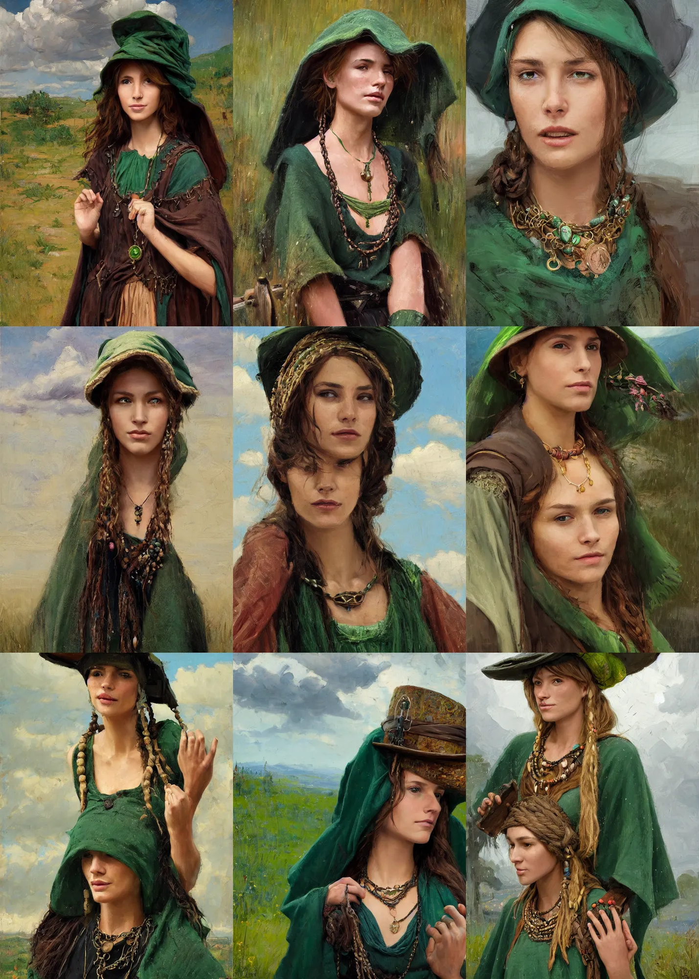 Prompt: portrait of medieval farmer beautiful young girl with wooden jewelry, mediterranean features, wearing rich jewerly hat and black and green boho poncho, fantasy character close up portrait, decollete, sitting dynamic pose, Low poly, thunder clouds in the sky, artwork by Jeremy Lipkin and Giuseppe Dangelico Pino and Michael Garmash and rob rey, levitation, industrial rusty pipes, simple form, brutal shapes
