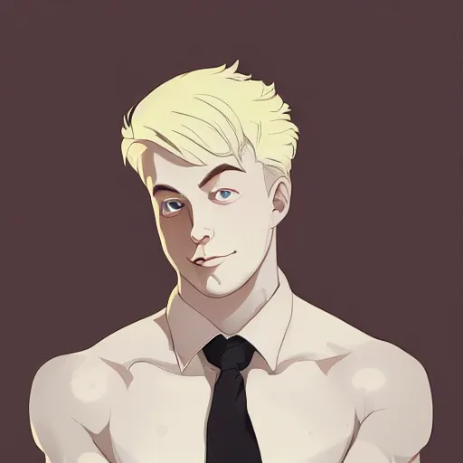 Image similar to portrait of the immensely handsome bodybuilder Stephen Fry with beautiful long pale blond hair, albino white pale skin, posing for a photoshoot in the golden hour, white dress shirt open at the chest, broad shoulders and huge thick arms, ambient lighting, 4k, anime key visual, lois van baarle, ilya kuvshinov, rossdraws, artstation