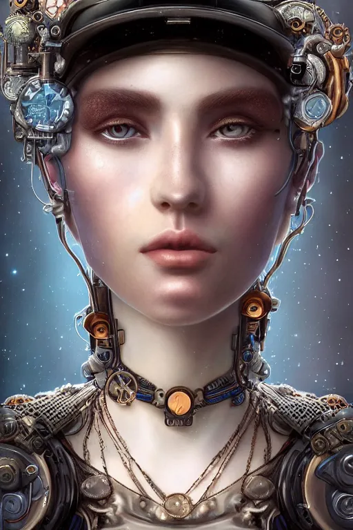 Image similar to a beautiful ultra detailed fine art portrait of a steampunk cyborg wearing a graduation hat, by tom bagshaw and anna dittman, studio lighting, golden ratio composition, 3 5 mm lens, cybernetic scifi, deep depth of field, artstation, 8 k