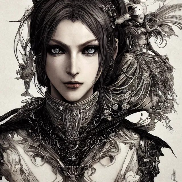 Image similar to the portrait of neutral evil fallen female dark knight vagabond as absurdly beautiful, gorgeous, elegant, sophisticated, woman, an ultrafine hyperdetailed illustration by kim jung gi, irakli nadar, intricate linework, bright colors, octopath traveler, final fantasy, unreal engine 5 highly rendered, global illumination, radiant light, detailed and intricate environment