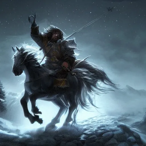 Prompt: A dwarf riding a dark and uncanny horse in the mountains, ambient lighting, highly detailed, mystic, rpg artwork