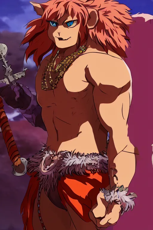 Image similar to muscular lion barbarian wearing a holding a sword, fursona, anthro, male, anime key visual, detailed orange fur, loincloth, makoto shinkai, portrait