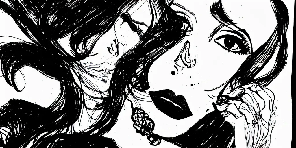 Image similar to ink lineart drawing of a beautiful woman, doll face, big lips, pinup, white background, etchings by goya, chinese brush pen, illustration, high contrast, deep black tones contour