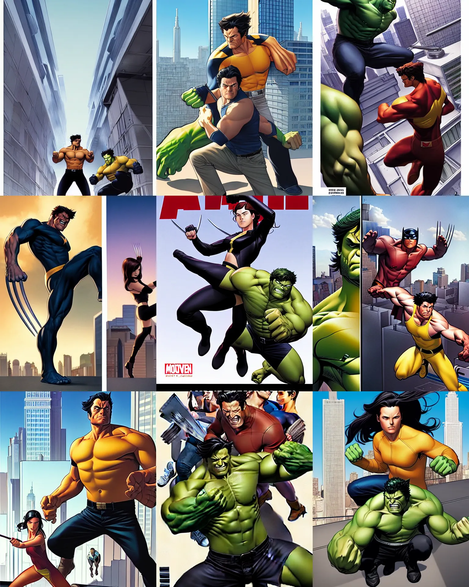 Prompt: phil noto comicbook cover art, artgerm, wolverine vs the hulk, city rooftop