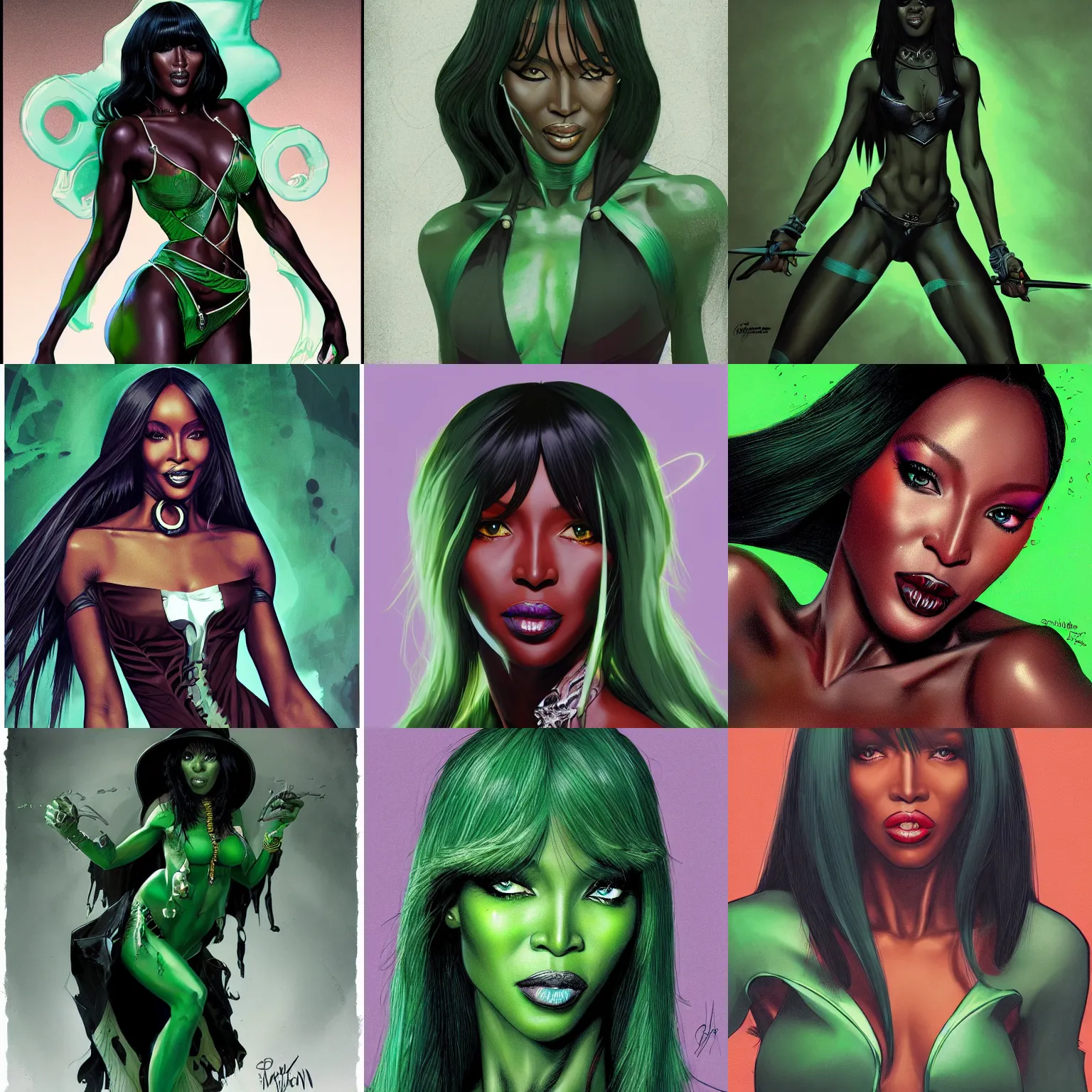 Prompt: portrait of Naomi Campbell as an necromancer , beautiful detailed dark green eyes, art by Patrick Gleason and Mobius , highly detailed, award winning, artstation