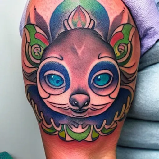 Image similar to shoulder tattoo of a meditating cute realistic bush baby, eyes are sparkeling rainbow spirals, glowing multicolored chakra symbols, surrounded with colorful lotus flowers, insanely integrate