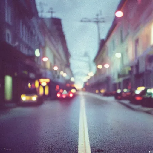 Image similar to close up kodak portra 4 0 0 photograph of future street old russian cosmos city, moody lighting, telephoto, blurry background, faded