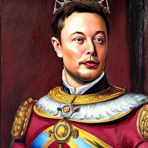 Prompt: classical painting of king elon musk, with crown, royal, portrait, museum