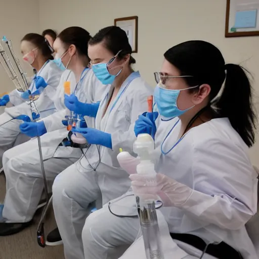 Prompt: nurses playing musical instruments made out of medical supplies, made out of clear tubing, syringes, urine collection bag, iv pole, fluid bag, nebulizer equipment, bag - valve mask, intubation equipment, speculum, defibrillator, flexiseal.