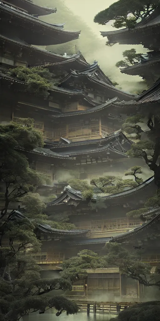 Image similar to japanese style palace under attack, hyper realistic, lush gnarly plants, 8 k, denoised, by greg rutkowski, tom bagshaw, james gurney cozy atmospheric and cinematic lightingg