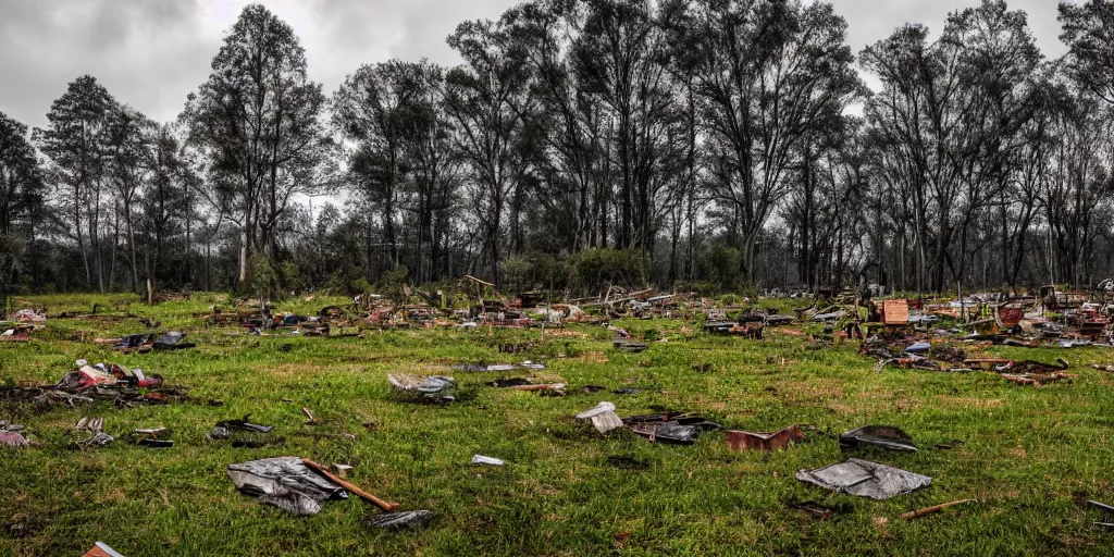 Prompt: a grassy field filled with piles of old and moldy furniture, overcast sky, forest in background, photorealistic, 4k, photo, detailed