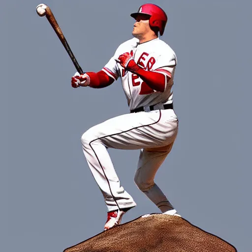 Prompt: “a realistic detailed photo of a guy who is named Mike Trout a baseball player, frozen like a statue, with shiny skin”