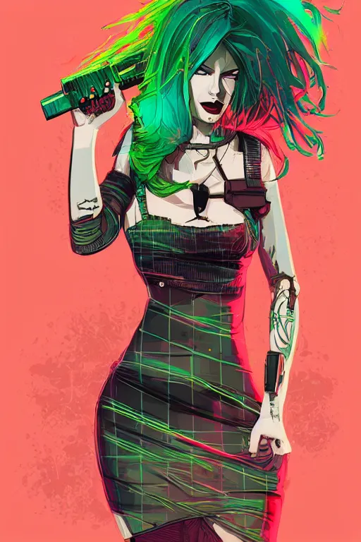 Prompt: cyberpunk woman with green hair wearing a red plaid miniskirt, vector art, by conrad roset, digital art, illustration, comic art, by dan mumford