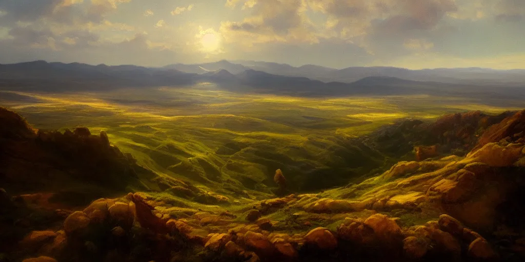 Image similar to a breathtaking landscape from a hilltop, cinematic lighting, detailed oil painting, hyperrealistic, 8k