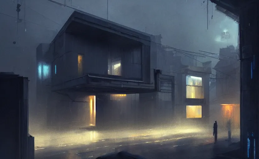 Image similar to An Exterior wide angle shot painting of a cyberpunk architecture House with warmly lit windows and neon lights by Peter zumthor and James Turrell, Greg Rutkowski and Craig Mullins , Dark atmospheric sad and cinematic lighting, Trending on artstation, Archviz, Archdaily, Deezen, Design milk, Architectural visualisation