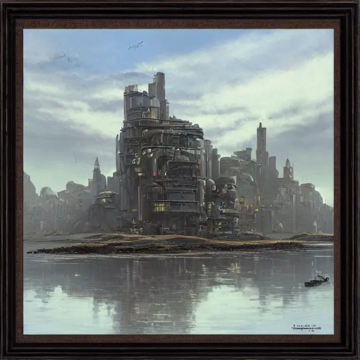 Image similar to a building in a serene landscape, dieselpunk