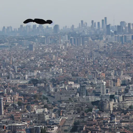 Image similar to huge ugly old man flying above the city