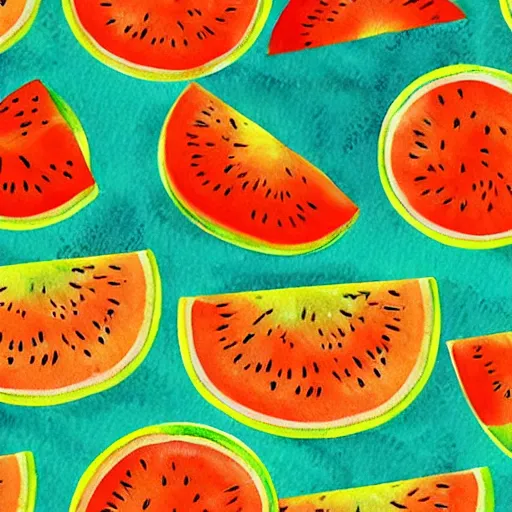 Image similar to hd retro illustration of watermelons and lemons, inspired by watercolor painting masterpieces