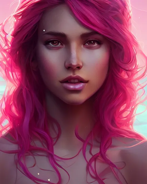 Image similar to summer vibes, beautiful sun tanned goddess portrait, flowy pink hair, sun, summer, cinematic lighting, highly detailed, digital painting, trending on artstation, pixiv, concept art, sharp focus, illustration, art by ross tran and wlop