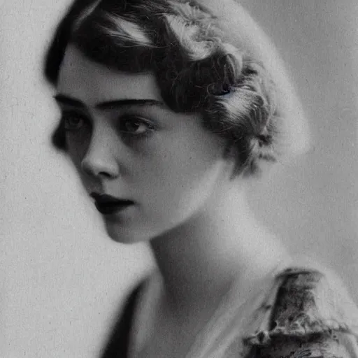 Image similar to headshot edwardian photograph of elle fanning, scarlett johansson, lily collins, 1 9 2 0 s film actress, realistic face, 1 9 1 0 s, grainy, victorian, detailed, soft blur