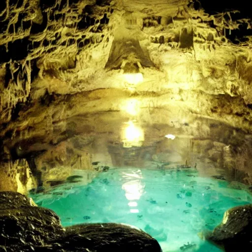 Image similar to inside the wishing well cavern, piles of gold coins, shallow water, gold refractions off water, moonlight beam from above illuminates cavern, cory feldman is kicking the water, reflective clean water on cavefloor, slick wet walls, leaves cave, small flowing stream from wall, the hippies are setting up a cloud camp, gold dappled lighting, movie poster painting