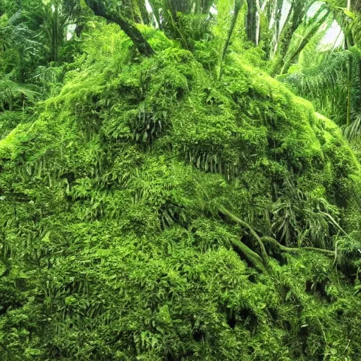 Image similar to ginormous single celled slime amoeba in a dense jungle made of giant trees and dense foliage