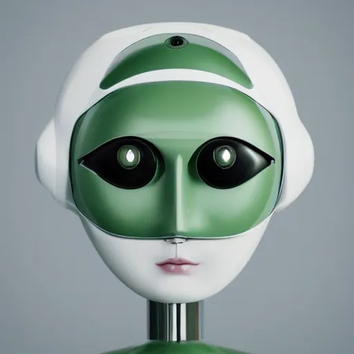 Prompt: minimalist photography portrait of a female porcelain robot, symmetrical, super close up, mid thirties, cute round green slanted eyes, white porcelain skin, wide nostrils, chubby cheeks, high flat eyebrows, black pistons, bjork, ethereal essence, angelic, leica 1 0 0 mm f 0. 8