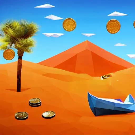 Image similar to boat in the dessert filled with coin and jewl collectables, game concept, low poly, horizontal view