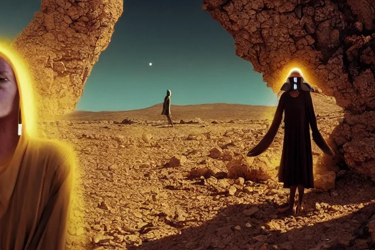 Image similar to levitating glowing woman with full - face golden mask in a dry rocky desert landscape, visible sky and sunny atmosphere, fata morgana giant mirrors, black star and alien space - ship in the sky by alejandro jodorowsky. christopher doyle and giger, anamorphic lens flares, kodakchrome, cinematic composition, practical effects, 8 k,