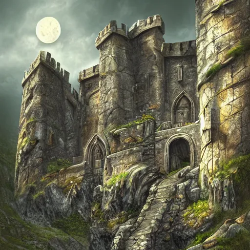 Prompt: abandoned stone fortress made by dwarves, carved into mountainside, fantasy, moody, high walls, single gate, architectural, digital painting