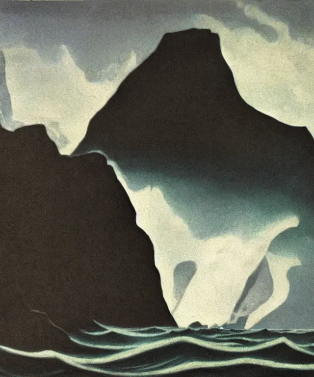 Image similar to photorealistic painting of a 1 9 2 5 seiner sailing near a short tropical cliff with the mouth of a sea cave at the waterline, dark, brooding, atmospheric, lovecraft, horror, smooth, epic, highly detailed, cinematic, lawren harris