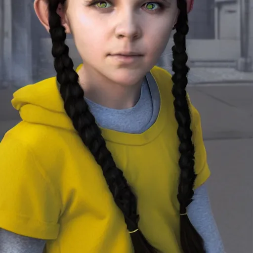 Image similar to An epic fantasy comic book style portrait painting of a young feminine boy, green eyes, fair skin, long brown hair worn in two pigtails, his left pigtail is shorter than the right pigtail, yellow hoodie with a grey undershirt, unreal 5, DAZ, hyperrealistic, octane render, cosplay, RPG portrait, dynamic lighting