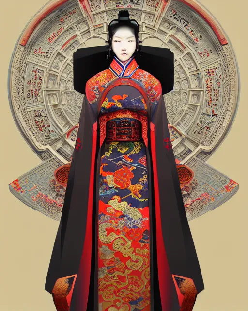 Image similar to portrait of a chinese cyberpunk machine, machine face, robed, upper half portrait, decorated with chinese opera motifs, regal, asian, fine china, wuxia, traditional chinese art intricate intense elegant 京 剧 highly detailed digital painting artstation concept art smooth sharp focus illustration, art by artgerm and greg rutkowski alphonse mucha 8 k