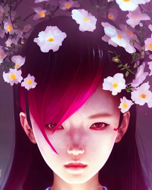 Image similar to perfect android girl, rose hair, cyborg, flowers, cinematic lighting, garden, beautiful girl, kim hyun joo, advanced technology, futuristic, art by ilya kuvshinov, akiko takase, eugene gottsnake, stanislav istratov and su fu and antoine collignon