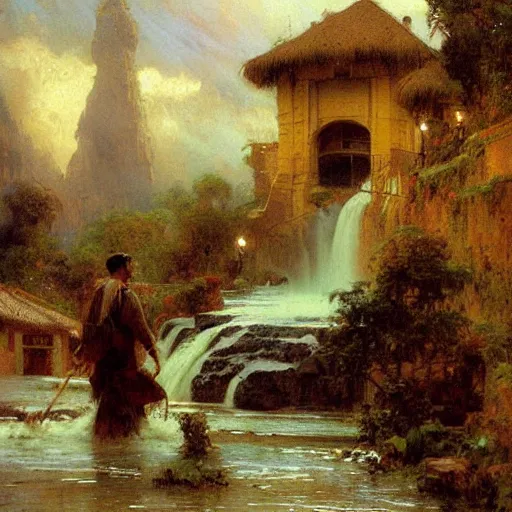 Prompt: waterfall flooding an entire village. victorian age. highly detailed painting by gaston bussiere, craig mullins, j. c. leyendecker