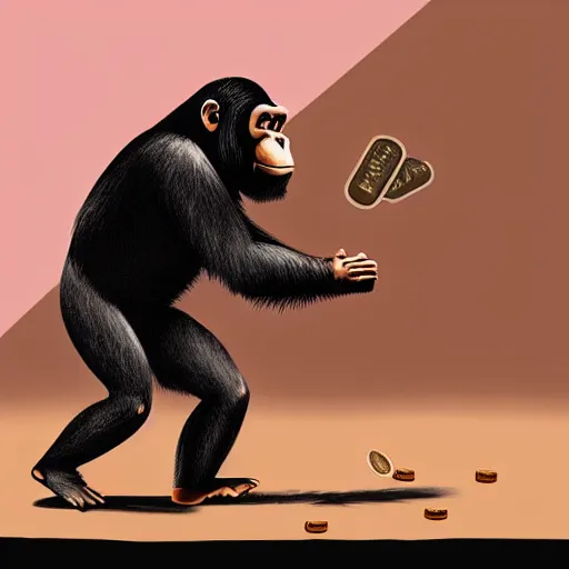 Prompt: a chimpanzee picking up pennies in a street while a steamroller is headed towards him, dramatic lighting, highly detailed digital painting