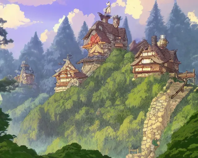 Image similar to mountain overseeing fantasy village next to a forest, studio ghibli style, hayao miyazaki, award winning photograph, highly detailed, artstation, hd wallpaper