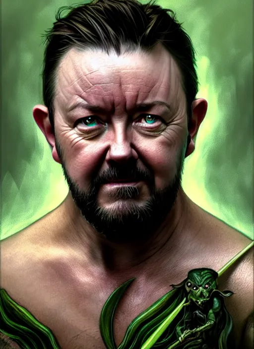 Image similar to portrait of ricky gervais as a goblin, d & d, muscular! green, fantasy, intricate, elegant, highly detailed, digital painting, artstation, concept art, smooth, sharp focus, illustration, art by artgerm and greg rutkowski and alphonse mucha