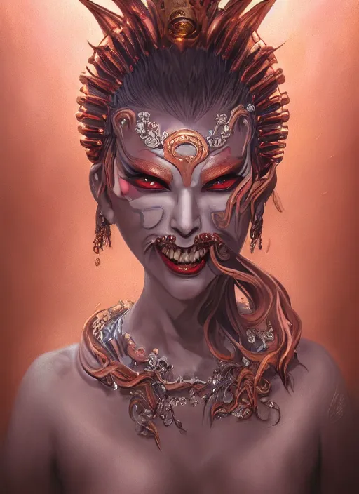 Image similar to a beautiful detailed oil on copper art illustration of a japanese namanari mask devil woman, centered, by charlie bowater, zeng fanzh, trending on artstation, dim dusk lighting, cinematic lighting, detailed lighting, volumetric lighting, realistic, f 8, 4 k hd wallpaper