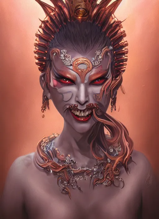 Prompt: a beautiful detailed oil on copper art illustration of a japanese namanari mask devil woman, centered, by charlie bowater, zeng fanzh, trending on artstation, dim dusk lighting, cinematic lighting, detailed lighting, volumetric lighting, realistic, f 8, 4 k hd wallpaper