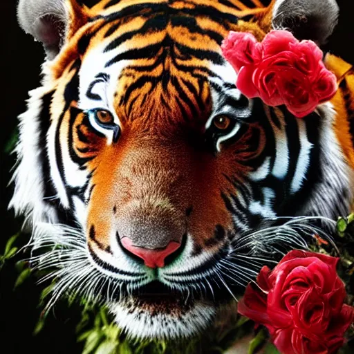 Image similar to a statue of a tiger [ fabricated with [ roses ]!! ], [ 4 k photorealism ]!!, shot by jimmy nelson, irving penn, peter kemp, hans bellmer, and slim aarons