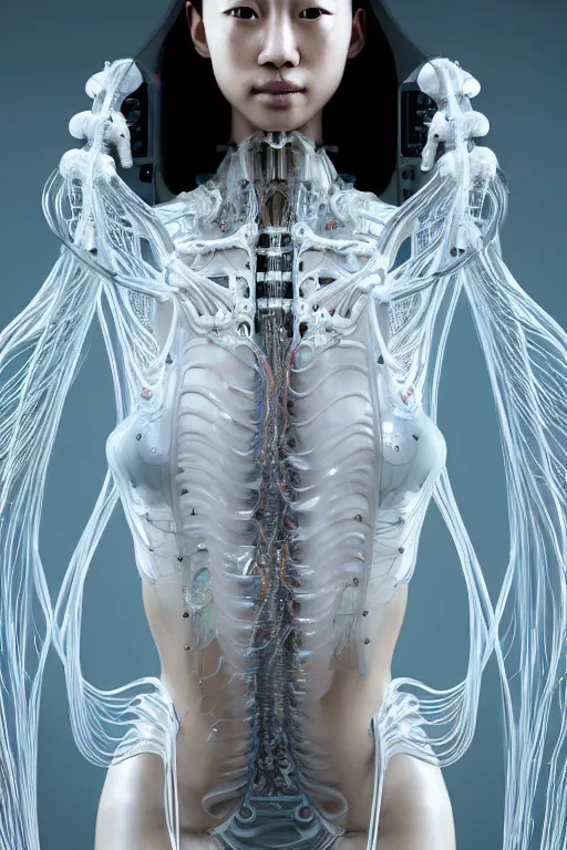 Image similar to beautiful young asian woman, iris van herpen, perfect symmetrical body, full body shot, inflateble shapes, wires, tubes, veins, jellyfish, white biomechanical details, wearing epic bionic cyborg implants, masterpiece, intricate, biopunk, vogue, highly detailed, artstation, concept art, cyberpunk, octane render