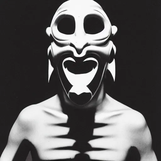 Prompt: Japanese demon mask designed by Rick Owens, 35mm film, photograph