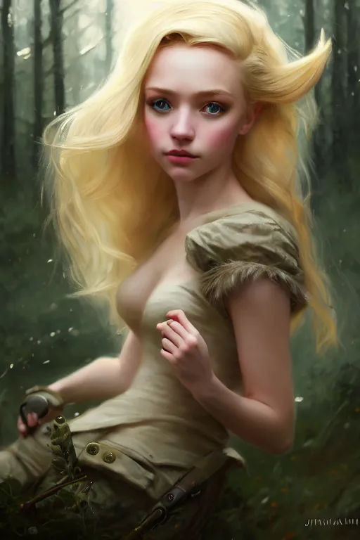 Image similar to cinematic shot of an epic portrait of a cute blonde fairy dressed in military clothes, stylised military clothes, shiny skin, beautiful eyes, beautiful, small details, night setting, realistic poster with volumetric light from jeremy lipkin and michael garmash, craig mallism, artgerm, unreal engine, radiant light, digital art, trends at art station, a masterpiece