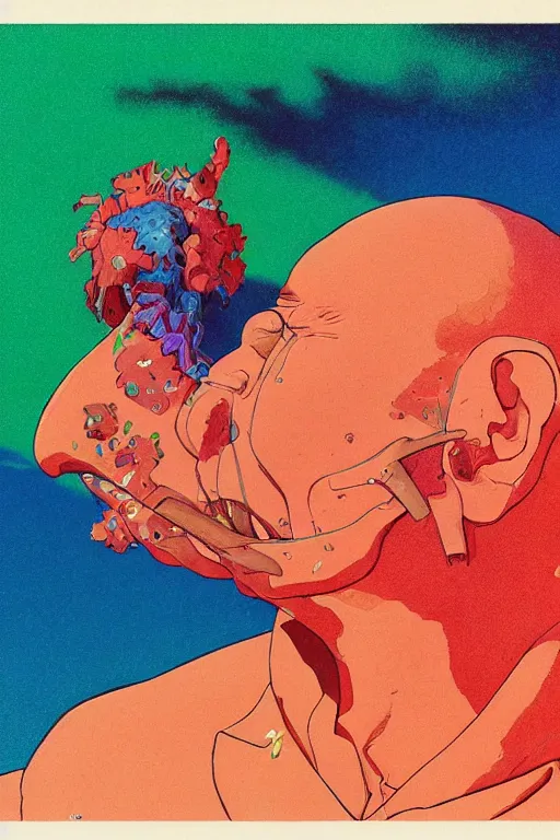 Prompt: a colorful vibrant closeup portrait of a simple soldier licking a tab of LSD acid on his tongue and dreaming psychedelic hallucinations, by kawase hasui, moebius, Edward Hopper and James Gilleard, Zdzislaw Beksinski, Steven Outram colorful flat surreal design, hd, 8k, artstation